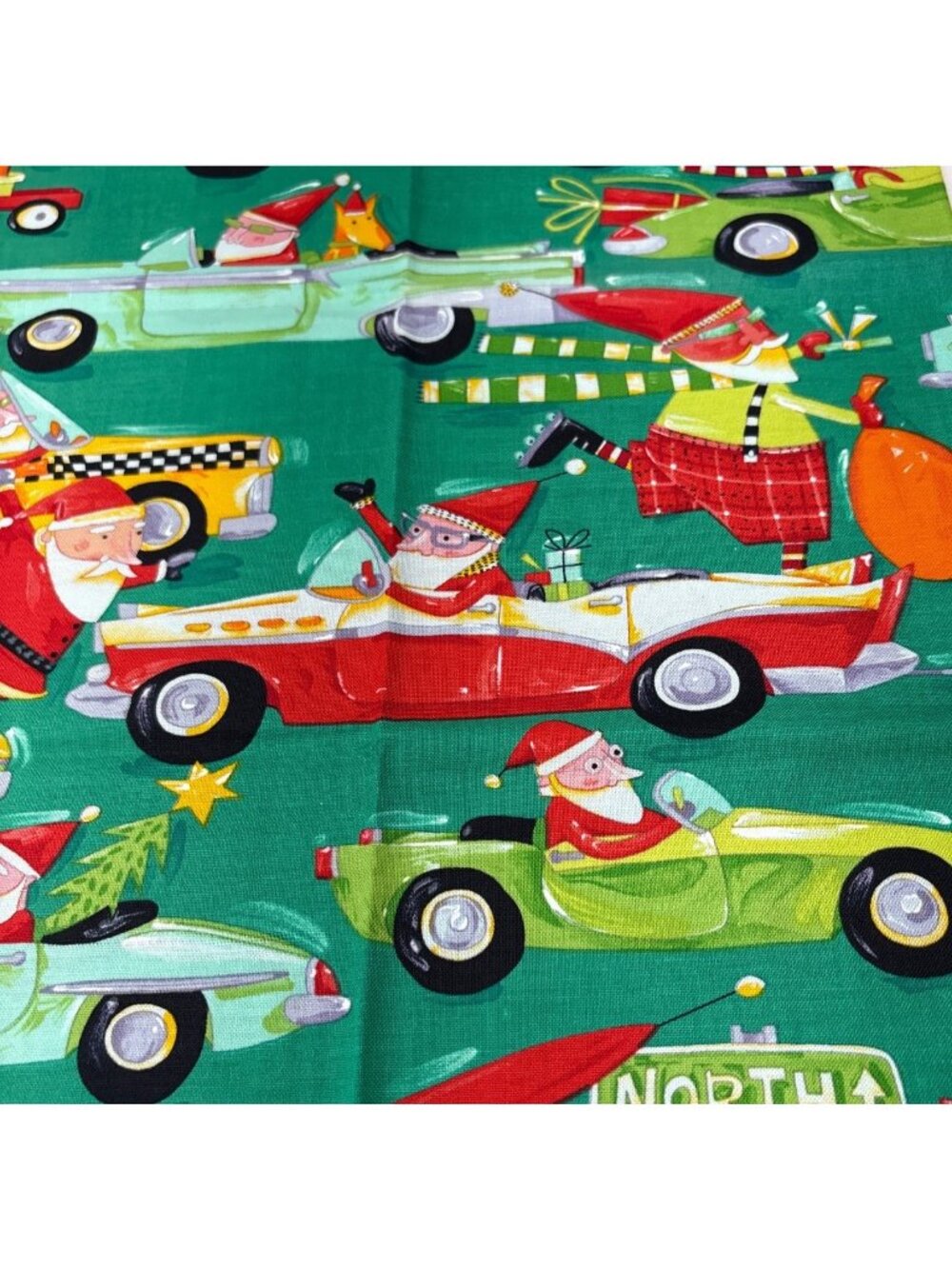 Christmas Santa Cars Cotton Fat Quarter Fabric 18x22 Festive Green Holiday Print